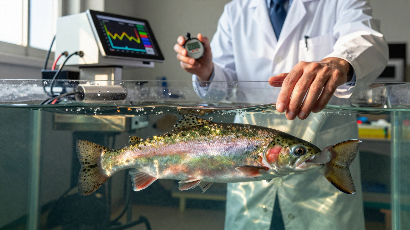 Chercheur en blouse blanche tenant un chronomètre près d'une truite arc-en-ciel dans un aquarium de laboratoire.