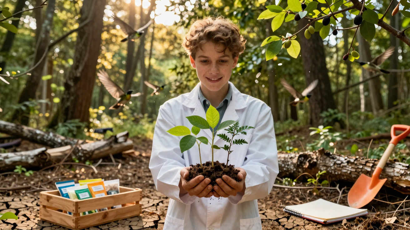 Jeune garçon en blouse blanche tenant des plants, entouré d’oiseaux dans une forêt ensoleillée.