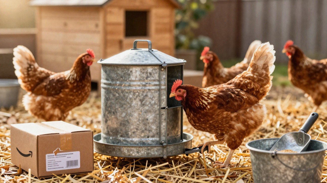 Poules rousses picorant près d'une mangeoire en métal dans un enclos à paille avec un abri en bois.