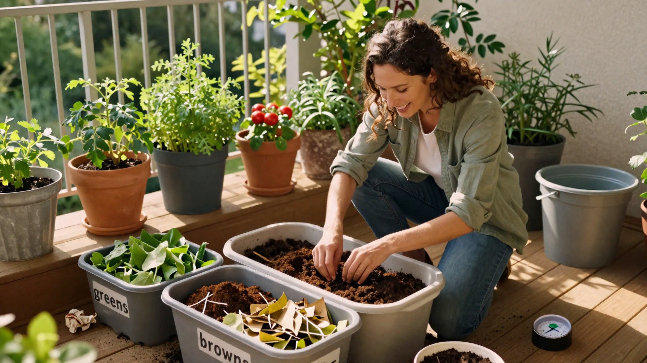 Femme souriante jardinant sur un balcon avec plusieurs pots de plantes et bacs de terre triés.