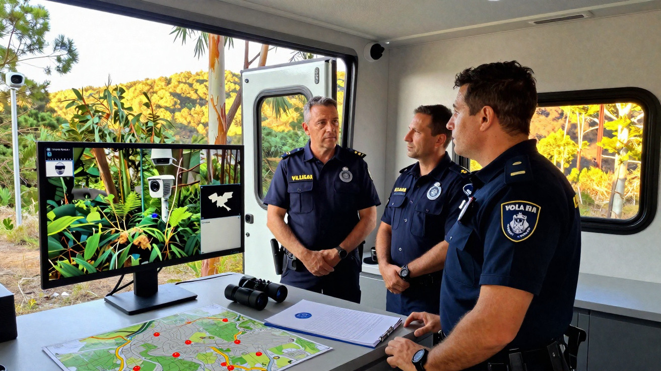 Trois policiers en uniforme discutent dans un poste de surveillance avec cartes et écran de vidéosurveillance.
