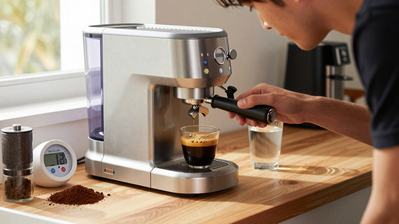 Homme préparant un espresso avec une machine à café sur un plan de travail en bois près d'une fenêtre.