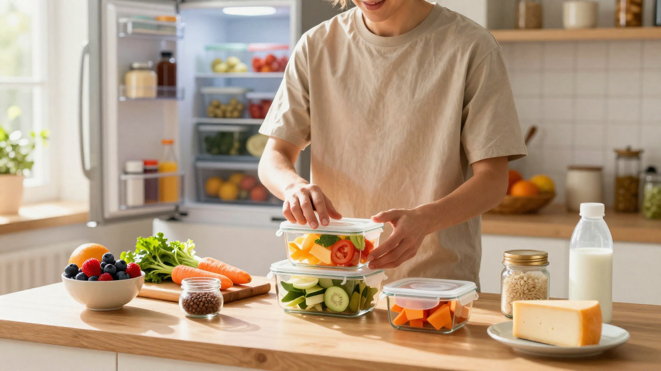 Personne range des légumes frais dans des boîtes en plastique transparent dans une cuisine lumineuse.