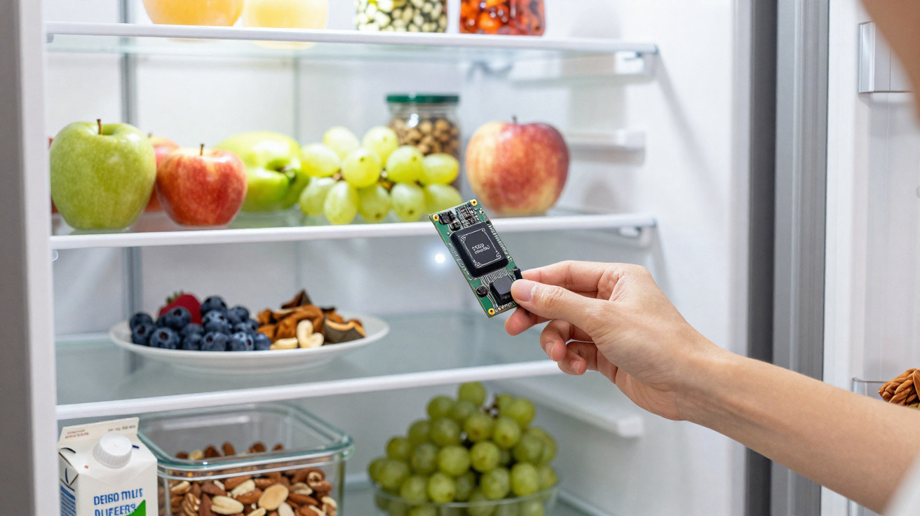 Main tenant une puce électronique devant un réfrigérateur rempli de fruits et aliments divers.