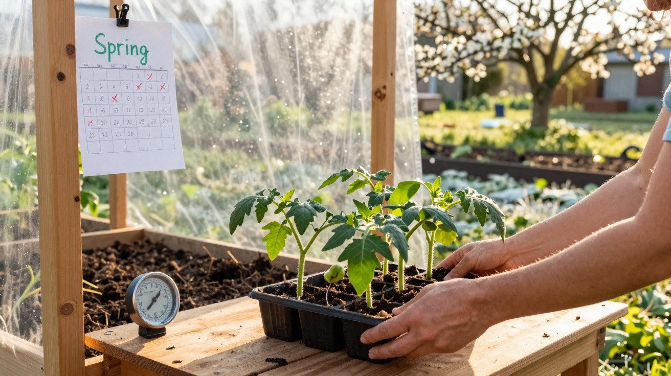 Jeune plant de tomates dans une serre, avec un calendrier printanier et un thermomètre sur une table en bois.