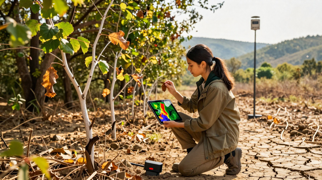 Jeune femme en tenue de terrain analysant des données sur tablette dans un sol sec et craquelé près d'arbres.
