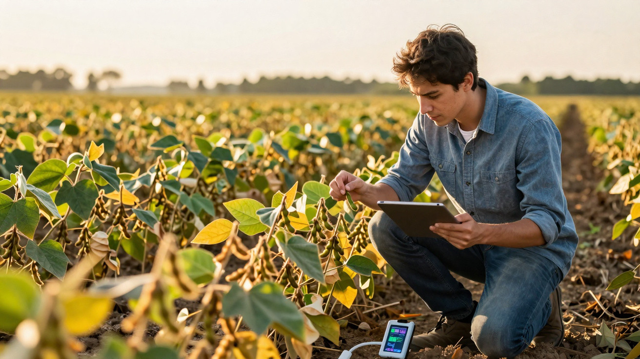 Jeune agriculteur utilisant une tablette pour surveiller la croissance des plantes dans un champ ensoleillé.