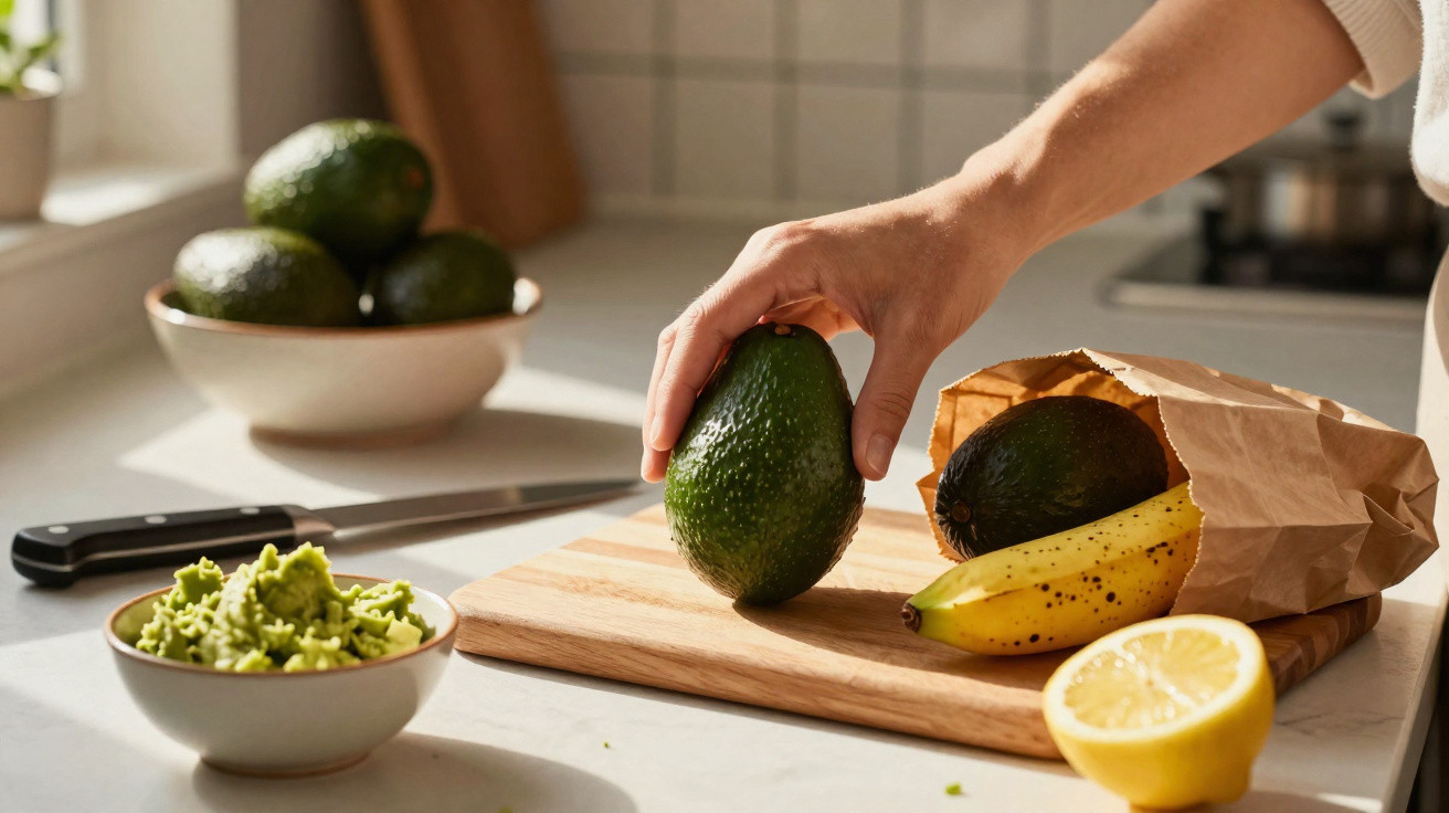 Main prenant un avocat sur une planche en bois avec banane, citron, bol d'avocat écrasé et couteau sur un plan de travail.