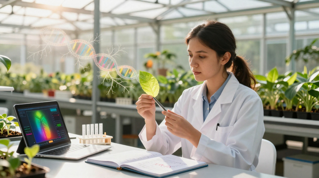 Chercheuse en blouse blanche analysant une feuille de plante dans un laboratoire de recherche végétale.