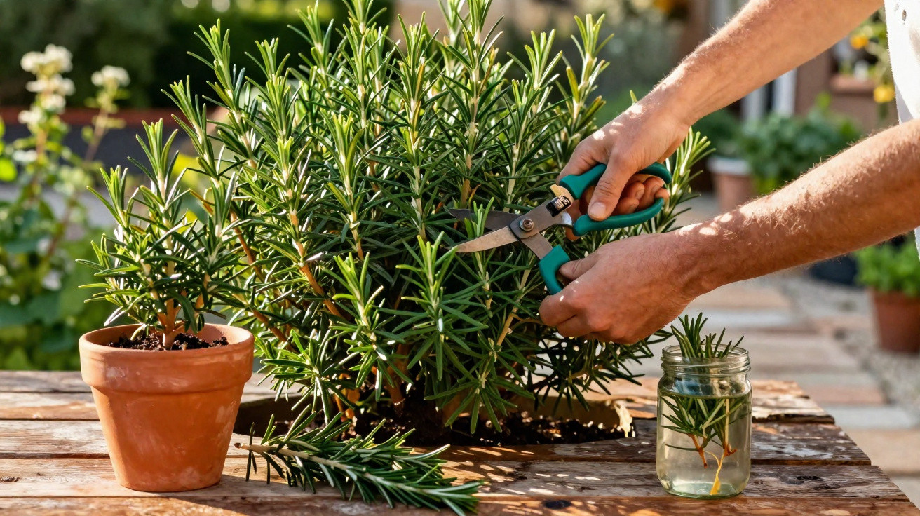 Personne taillant des branches de romarin avec un sécateur sur une table en bois à l'extérieur.
