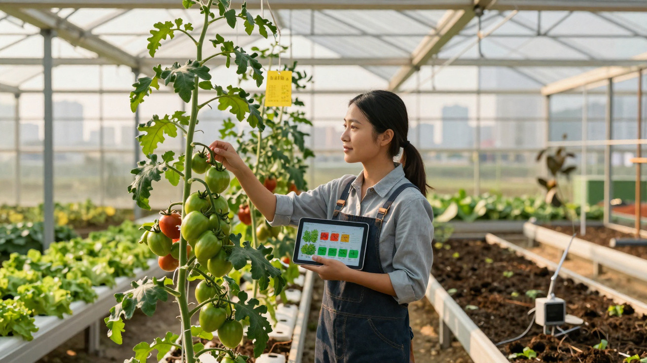Agricultrice dans une serre utilisant une tablette pour surveiller des plants de tomates vertes et rouges.