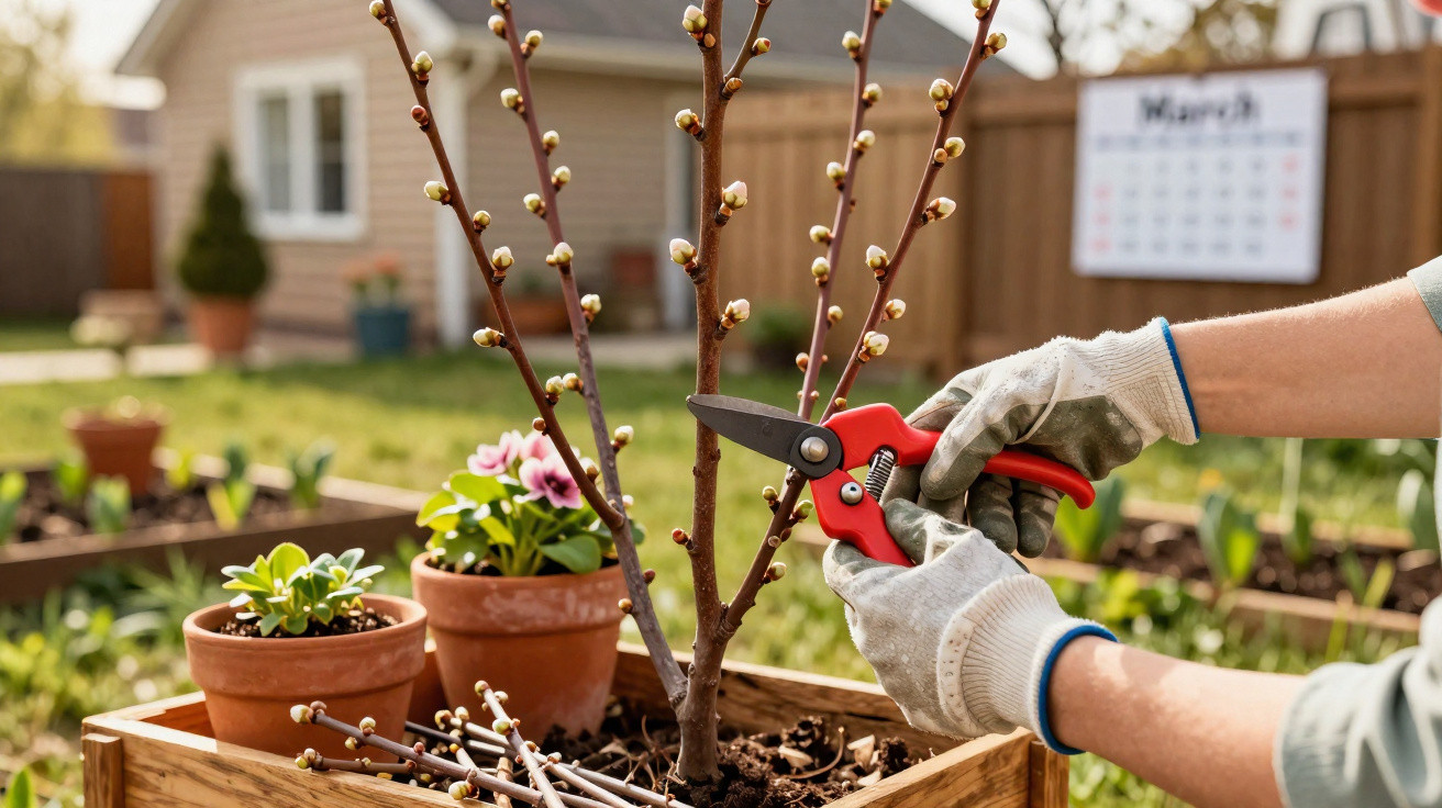 Main gantée utilisant un sécateur rouge pour tailler un arbuste en pot dans un jardin au printemps.