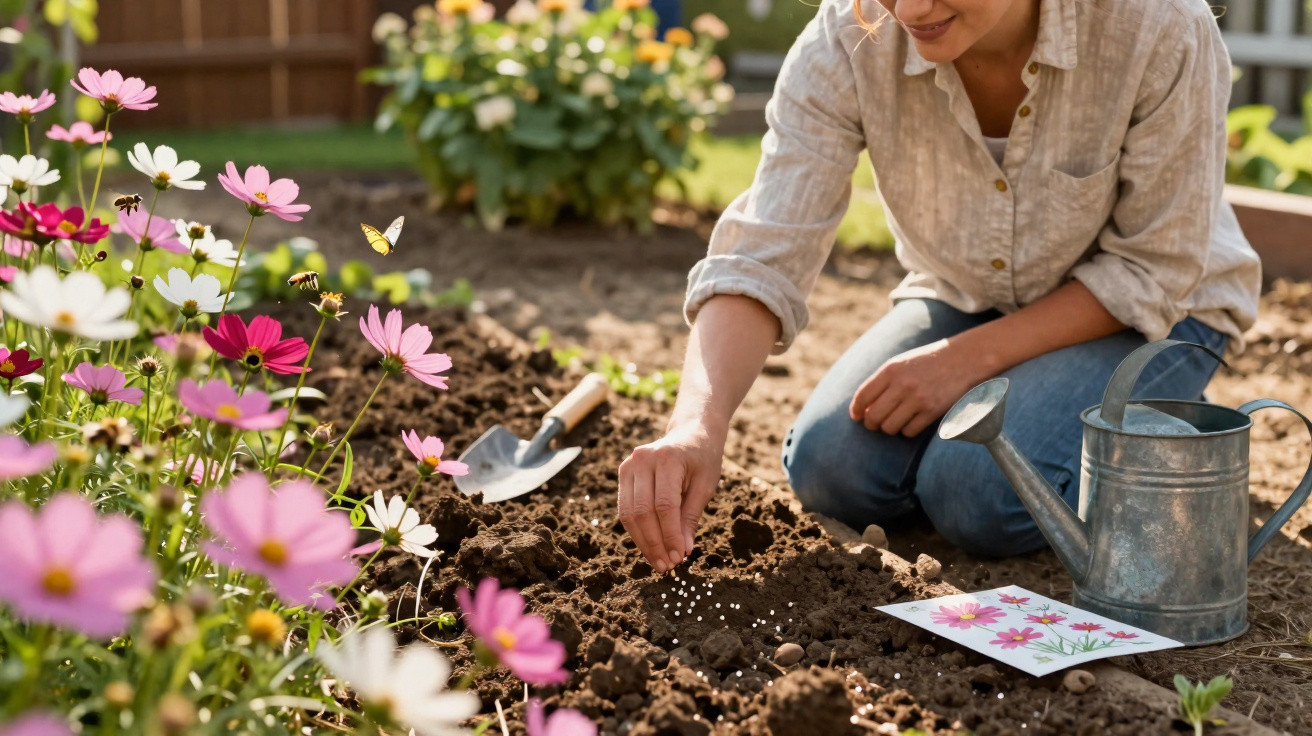 Femme plantant des graines dans un jardin fleuri avec un arrosoir et une petite pelle à proximité.