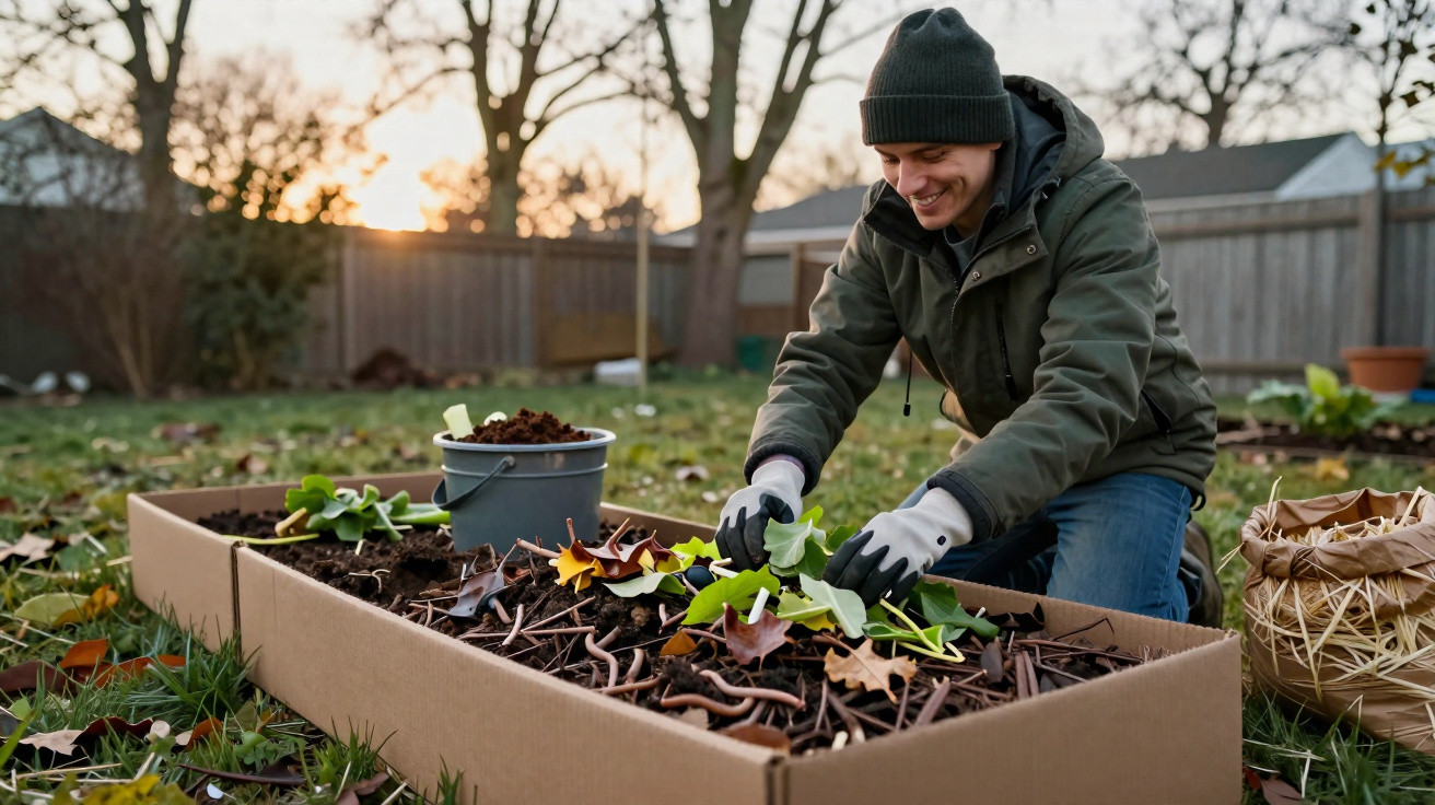 Homme souriant plantant des jeunes pousses dans un potager surélevé à domicile en automne.