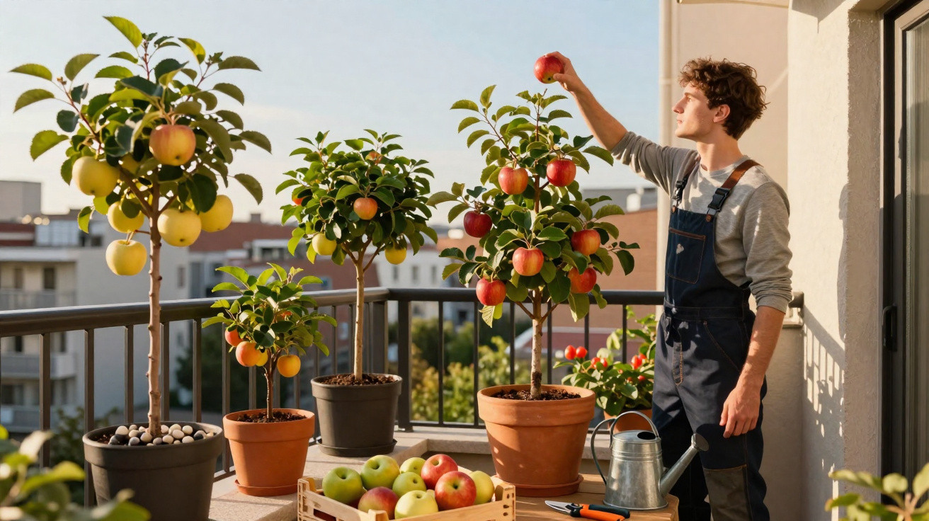 Jeune homme récoltant des pommes sur des pommiers en pots sur un balcon ensoleillé.