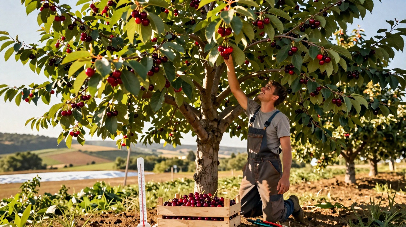 Homme récoltant des cerises dans un verger ensoleillé avec une caisse pleine de fruits rouges mûrs.