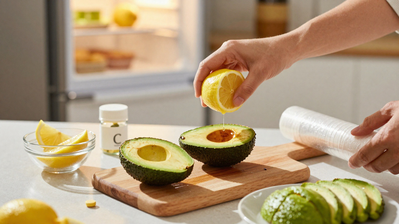Une main presse un citron sur un avocat coupé en deux sur une planche à découper en cuisine.