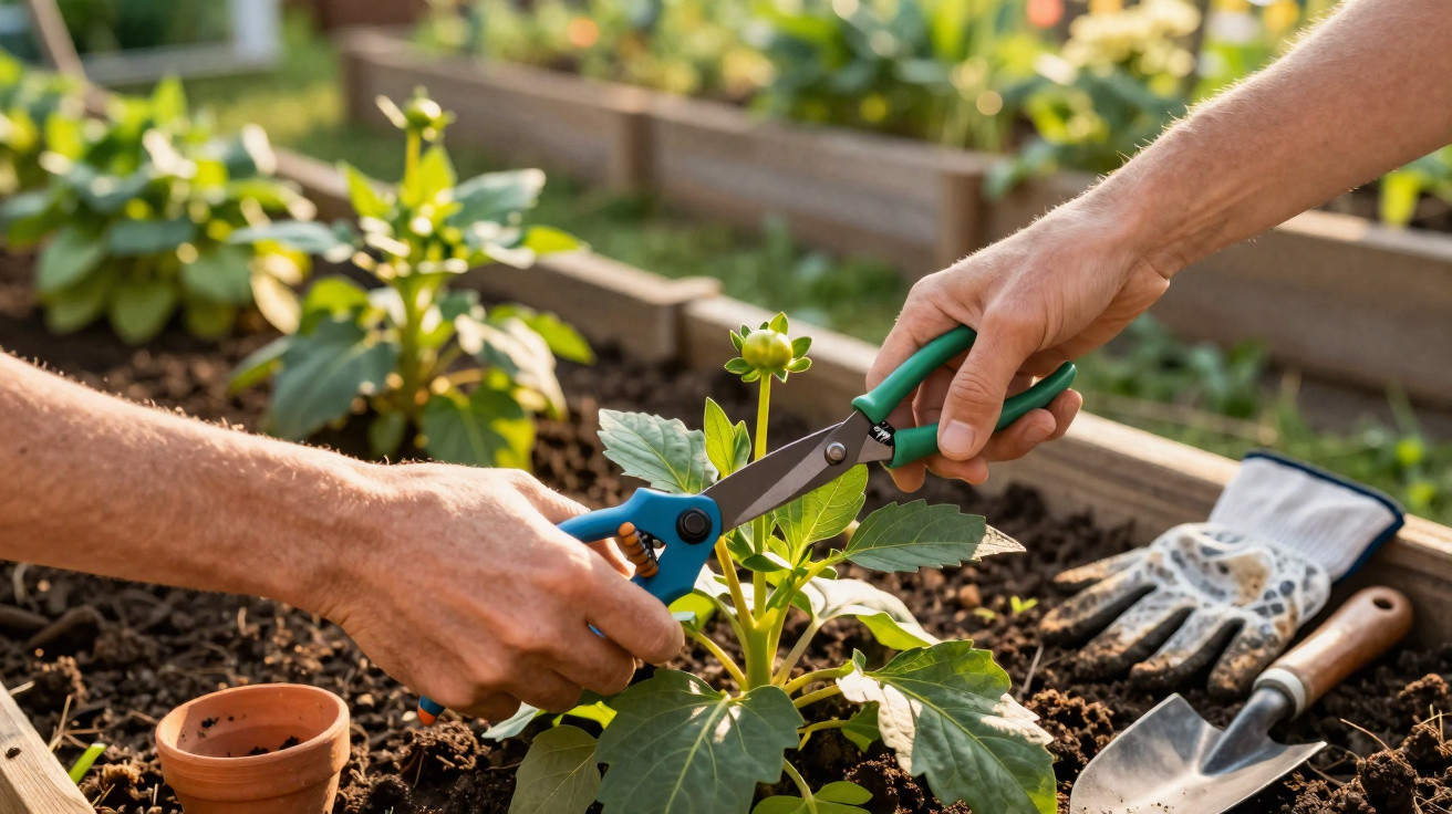 Deux mains taillant une plante verte dans un jardin avec un sécateur, outil et gant à côté.