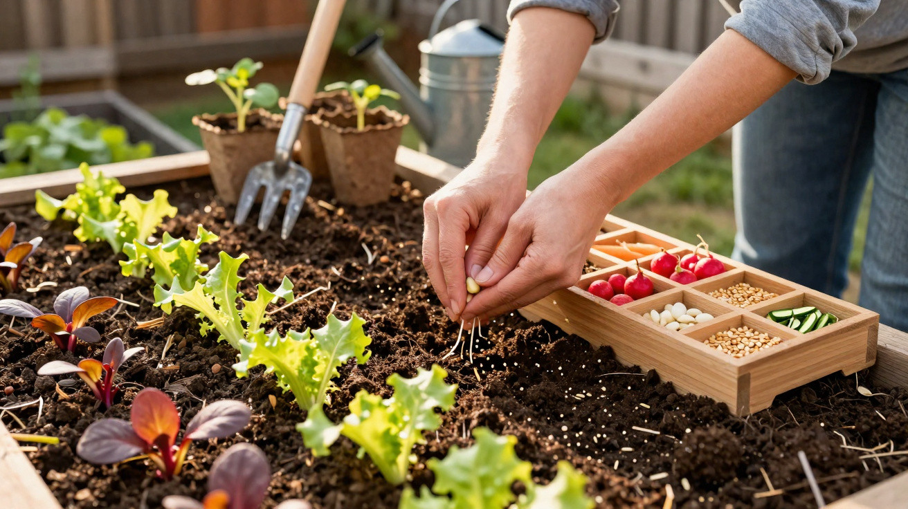 Une personne plante des graines dans un potager avec différentes semences et jeunes pousses visibles.